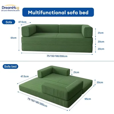 DreamHug 4‑in‑1 Futon Sofa Bed– Floor Foldable Convertible Sofa Couch with L‑Shaped Armrests Removable Cover Green Convertible Guest Bed Space‑Saving Fold‑Out Mattress Lounge for Living Room