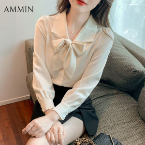 AMMIN Áo Sơ Mi Thắt Nơ Ngọt Ngào Mới Phong Cách Hàn Quốc Cho Nữ Áo Voan Dài Tay Ve Áo Cá Tính Thời Trang Áo Cánh Thường Ngày