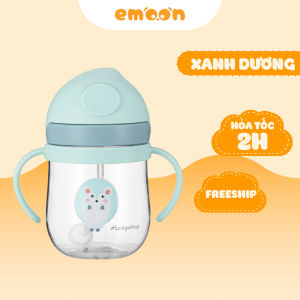 Bình nước cho bé Emoon 250ml ống hút silicone mềm chống sặc hỗ trợ bé uống nước an toàn