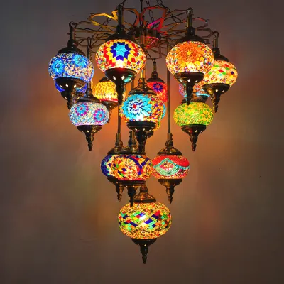 Turkish Mosaic Glass Pendant Light Vintage Handcrafted Art Deco Chandelier Romantic Hanging Lamp Home Interior Decor for Living Room Restaurant Balcony Hallway