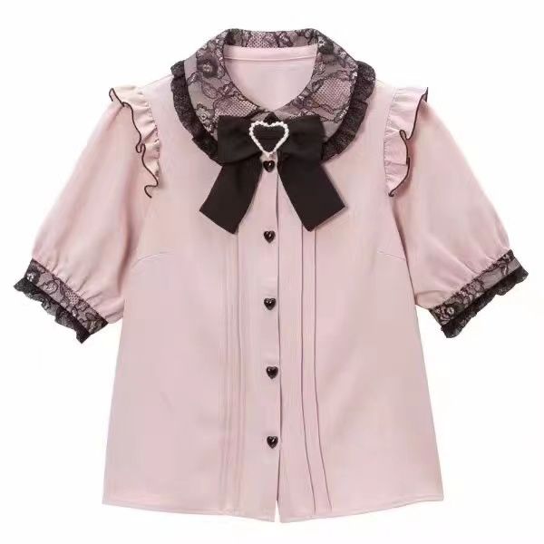 Lolita Japanese Shirt Doll Neck Vintage Top Love lace Cute Soft Girl Kawaii  Shirt Landmine Style Jirai Kei