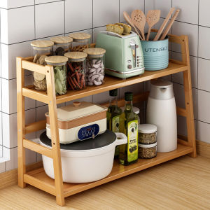 Bamboo Kitchen Storage Rack Household 2 Layers Spice Seasoning Rack Desktop Study Bookshelf Kitchen/Book/Plant Rack