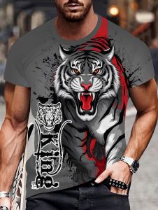 Vintage Mens 3D Fierce Tiger Graphic Tee Printed Short Sleeve Casual T-Shirt Summer Trendy Street Style Summer Mens Clothing