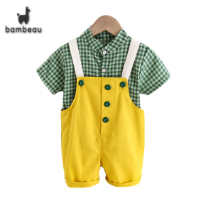 bambeau Baby clothing set with suspender jeans and fashionable plaid shirt Mens and womens baby childrens clothing set