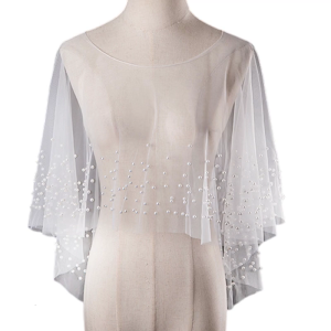 ผ้าคลุมไหล่ตาข่ายเจ้าสาวตกแต่งลูกปัดไข่มุกคอกลมหรูหราผ้าคลุมไหล่แบบดั้งเดิมสำหรับอุปกรณ์ถ่ายภาพงานแต่งงาน