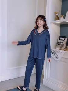 Bộ Ngủ Nữ Mặc Nhà Dài Tay Cổ V Chất Kẻ Sọc Thô