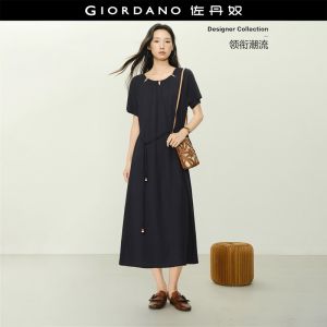 Giordano Women Beaded keyholes round neck tie waist dress Free Shipping 18466316