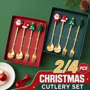 Christmas Cutlery Set 2/4 Pcs Stainless Steel Spoon Fork Santa Snowman Kids Coffee Gift Box