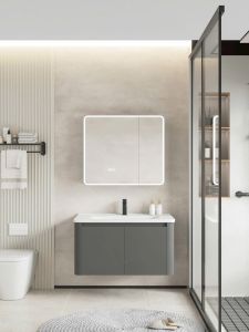 Bộ tủ lavabo nhựa kèm tủ gương size 60cm màu xám đen led viền gương T1103-A