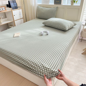 Dansunreve 100% Cotton Fitted Bed Sheet Checkered Lattice Elastic Single/Queen/King Bedsheet with Rubber