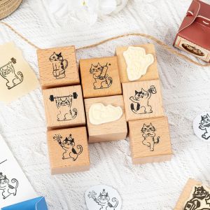 SHIRUI Cute Wooden Rubber Stamps Artistic Style Animals Cat Journal Decoration Stamps Minimalist Cat Patterns Stamps For DIY Card Photo Album Diary Decor