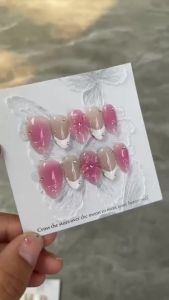 100% HANDMADE Artificial Nail Pink Crystal Flower Almond Shape Phototherapy Fake Nail Patch Press on Nails Reusable With Free Glue