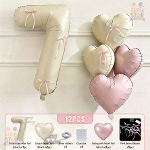 Coquette Bow Ribbon Retro Cream 32 Inch Number Balloon Set with 18 Inch Heart Foil Balloons Birthday Party Decorations for Kids Adults 7th Birthday Baby Shower Anniversary Photoshoot Backdrop Decor Supplies