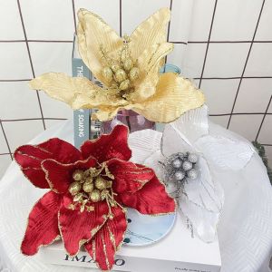 ERMENLED Silk Fabric Artificial Christmas Flower Fake Floral Stem Decorative Accessory Xmas Tree Decor Party Ornament Vivid Shape Holiday Floral Pick Christmas Tree Decor