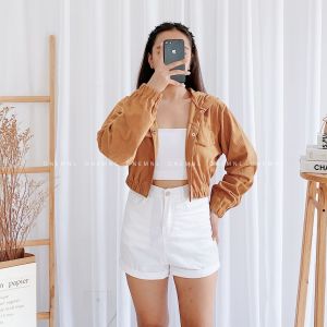 DNEMNLPH Nabi Corduroy Crop Hoodie Jacket - Trendy Korean Bangkok Longsleeves Garter Button Pockets Sweater Freesize