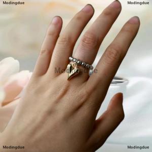 [COD] Modingdue Elegant Metal Heart Elastic Rope String CCB Round Bead Ring Gold Heart Pendant European And American Adjustable Ring