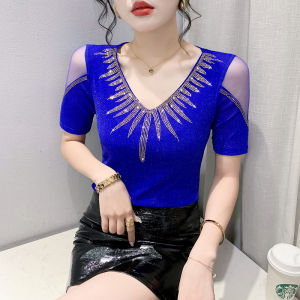 YIMEI เสื้อเพชรส่องประกายสำหรับผู้หญิงเสื้อยืดตาข่ายสีดำคอวีแขนสั้น2023