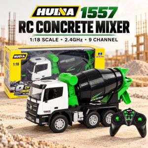 HUINA 1557 RC Concrete Mixer Truck 1:18 Scale 2.4GHz 9 Channel Remote Control Construction Toy with Lights