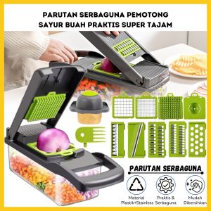 Parutan Serbaguna 14 In 1 / Vegetable Fruit Slicer Alat Pengiris Buah Sayur Garnis Wortel Kentang Timun Bawang Bumbu Rempah Serbaguna / Pisau Parut Bentuk Persegi Panjang Dadu Bunga Gelombang Dengan Wadah Keranjang + Saringan Telur Praktis Multifungsi