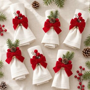 YERZ 6PCS Realistic Christmas Napkin Rings Pinecone Fabric Craft Red Bow Napkin Rings Elegant Delicate Festive Napkin Buckle For Table Decoration
