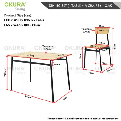 OKURA Dining Table Set with 4 Chairs Home Living Dining Furniture Meja Makan 4 Kerusi Perabot Rumah