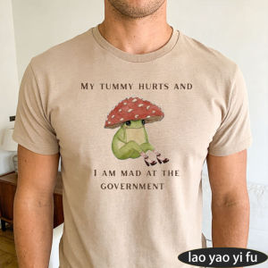 [Local Stock] HBESTY  My Tummy Hurts Mad At Government Frog Red Mushroom Men Summer Cotton T Shirt Funny Weird Creature Graphic Daily Holiday Wear Top