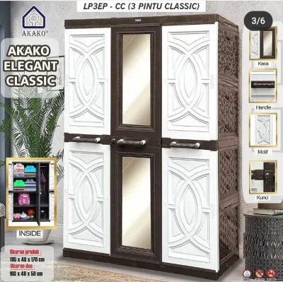 JUMBO LEMARI PLASTIK AKAKO 3 PINTU KACA CERMIN ELEGANT LP3EP