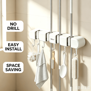 Broom Mop Holder with Hooks Wall Mounted Broom Storage Rack No Drilling Self-Adhesive