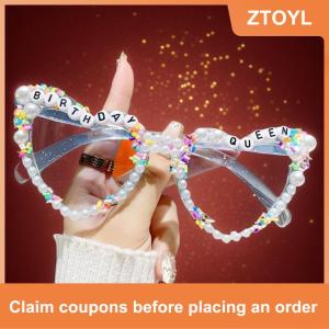 【ZTOYL】 Birthday Queen Letters Pink Shades Heart Shaped Decor Present Glasses White Pearl Party Gift Props Frame For Ladies