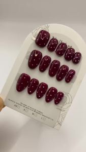 Wine Red Polka Dot Press On Nails Short Square Handmade Fake Nails Glossy Reusable False Nails