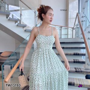 TW13193 เดรสสายเดี่ยวสานหลังลายดอกไม้