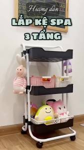 Xe đẩy spa 3 tầng đa năng có bánh xe móc treo (Kèm Rổ đan khay) Kệ để đồ bỉm sữa khung sắt tĩnh điện