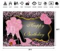 7x5ft Sweet Pink Happy Birthday Backdrop Rose Shiny Sequin High Heels Champagne Golden Frame Party Background Happy 30th 40th 50th 60th Birthday Decorations for Adults Women. 