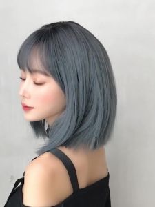 ≮923≯Blue Japanese Style Straight Wig 36CM Bobo Shoulder-Length Hair with Bangs D3111