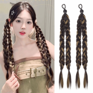 NOVELLEO 2pcs Elastic Hair Band Twist Braided Ponytail Wig Hair Piece Synthetic Long Braiding Hair Extensions Sweet Fried Dough Highlight Double Ponytail Women/Girls
