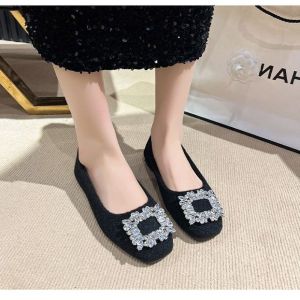 Free Shipping 2026 New Style WomenS Work Shoes With Shallow Toe Fleece-Lined Flat Sole Rhinestone Embellishments Elegant And Versatile Korean Style Square Toe