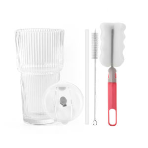 20oz Drinking Glass Set of 1with Straw Lid Ribbed Iced Coffee Tumbler Vintage Glass Cup for Tea Juice Soda Smoothie