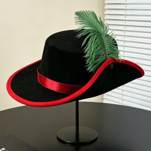 TWCEJE168 Felt Cavalier Top Hat Artificial Feather Wide Brim Feather Stage Cap Medieval Costume Prop Retro Style Masquerade Headwear