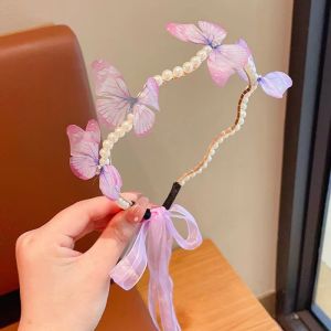 ChildrenS New Pearl Butterfly Braided Headband Ribbon Female Princess Fairy Mesh Pearl Headband