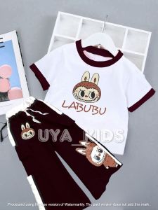 Stelan Anak Perempuan Motif Labubu Model Cargo Strip Bahan Babyterry Usia 1-2 Tahun Ala Korea