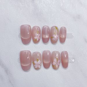 【5in1 Toolkit+HANDMADE】Artificial Nail Blush Cats Eye Daffodil Medium T Phototpy Fake Nail Patch Press on Nails Reusable