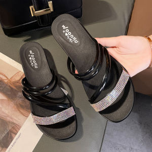 [Free Shipping] WomenS Summer New Fashion Mid-Heel Diamond-Embellished Two-Way Wear Beach Sandals Casual And Trendy Breathable Flip-Flops
