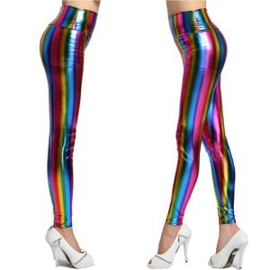 RUANPIN Ladies Adult Disco Fancy Costume Rainbow Pants Leather Pants Retro Leggings