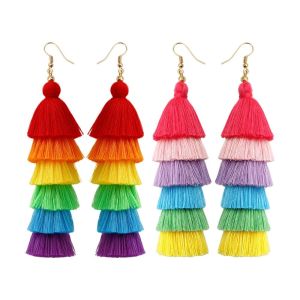 BELLEMODE งานทำมือ ต่างหูพู่พู่ น้ำหนักเบามาก ชั้นสีรุ้ง เครื่องประดับความภาคภูมิใจอินเทรนด์ สีสันสดใส สะดวกสบายสบายๆ ต่างหูห้อยยาว สำหรับผู้หญิง
