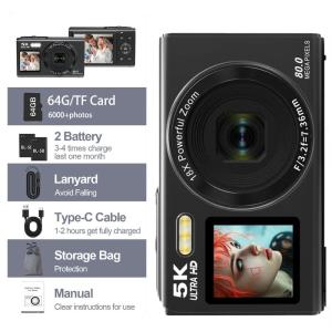 VETXI-S9  Digital Camera 5K 80MP Dual Screen Camera with 18x Digital Zoom Compact Vlogging Camera for Teens Stylish Beginner Camera for Teens and GIFs 64GB Card and 1200mAh Battery*2