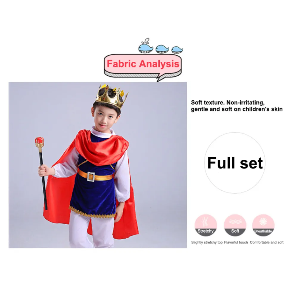 Kids Halloween Prince Costume Set - King Crown, Robe & Scepter For Boys Dress Up