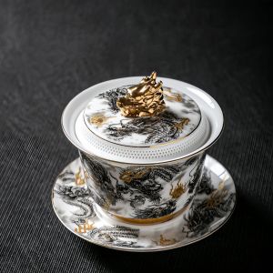 Kirilgu Chinese Dark Dragon White Sheep Fat Jade Porcelain Gaiwan 360 ° Water Outlet Gold Painted High-end Retro Tea Bowl M1Y4T