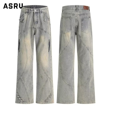 ASRV Retro washed old splicing yellow mud jeans men's loose straight tube