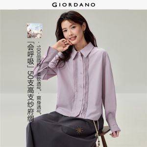 Giordano Beau Monde Women Pintuck placket long sleeve cotton shirt Free Shipping 13346602
