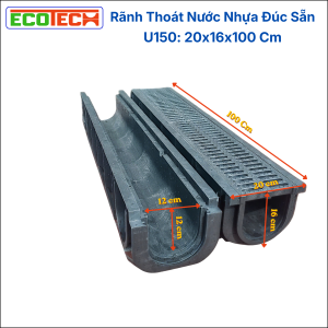 Cống thoát nước Polymer lắp ghép U150 20x16x100cm kèm nắp chịu tải nhẹ lắp đặt & thoát nước nhanh